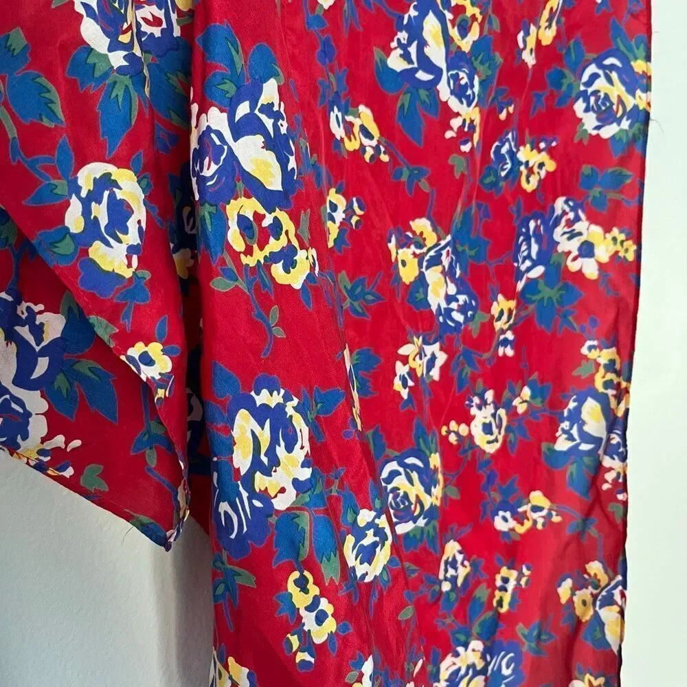 VTG Floral Silk Scarf Red Blue Yellow Long Skinny 11” x 54”
